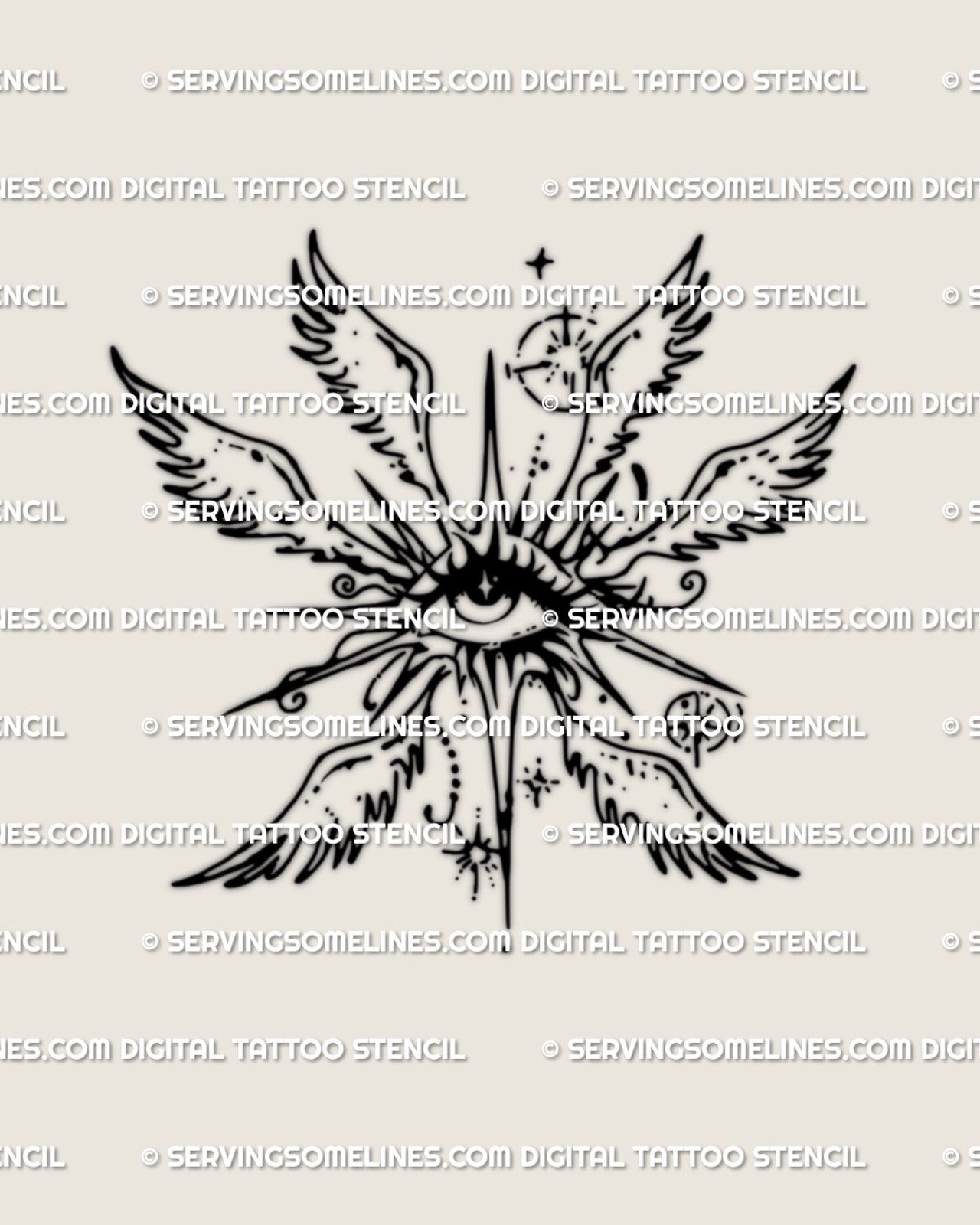 detailed guardian style eye with upward wings tattoo stencil shown as a crisp high resolution lineart concept for artists