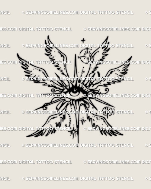detailed guardian style eye with upward wings tattoo stencil shown as a crisp high resolution lineart concept for artists