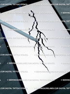 Celestial thunderbolt tattoo design on iPad preview, emo aesthetic lightning and stars stencil digital download.