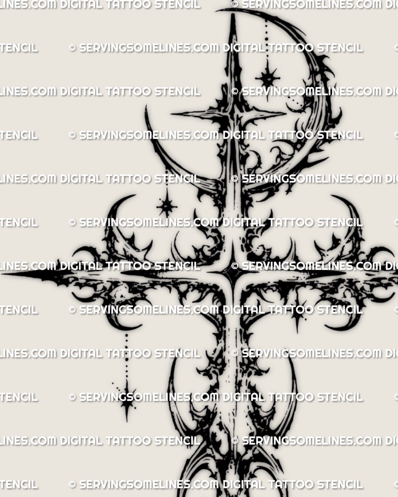 Close view of celestial moon cross tattoo stencil with etched gothic details and star accents, printable digital stencil file