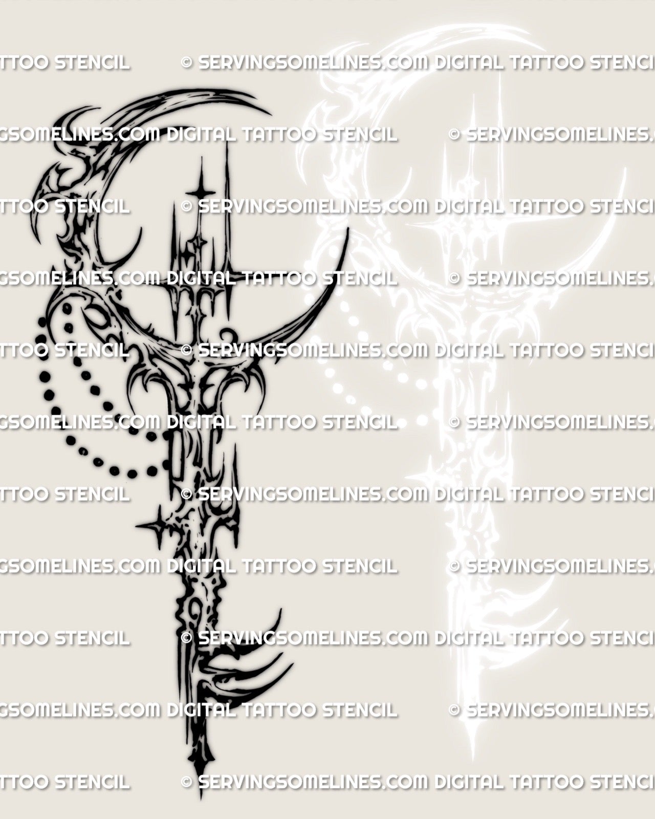 celestial key tattoo design preview, crescent moon key with cross star center and cyber tribal linework, no lock included.