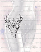 Celestial moth tattoo stencil displayed on womens hip placement example, spiky wing tips, long tails, star accent.
