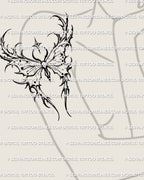 Celestial moth tattoo stencil shown on womens upper arm shoulder placement example, sharp outline wings and star detail. 