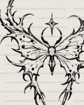 Celestial moth tattoo stencil outline design, spiked wing tips, long tails, star accent, printable digital download.
