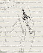 Celestial sword tattoo design placed on arm, Aries zodiac constellation dagger in gothic cybersigilism and fine-line style.