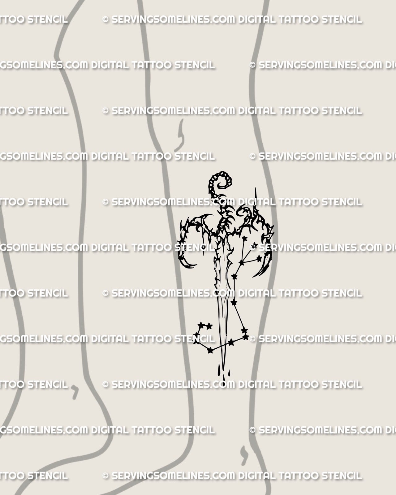Lower leg placement of celestial sword tattoo design, neotribal constellation blade with sharp blackwork and elegant zodiac flow.