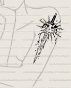 Celestial sword tattoo stencil placed on girl’s front thigh, sun and moon line art with sparkles and cyber flow, radiant feminine design.