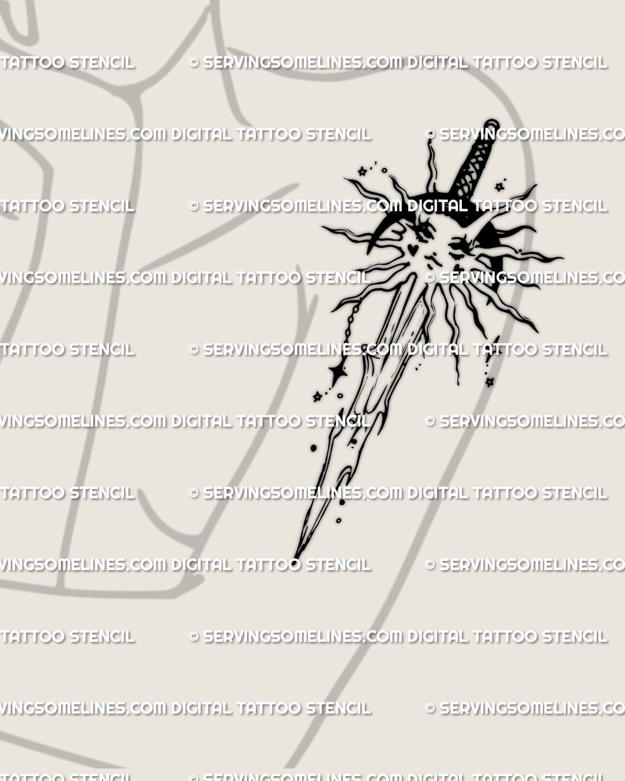 Celestial sword tattoo stencil placed on girl’s front thigh, sun and moon line art with sparkles and cyber flow, radiant feminine design.