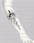Sun and moon sword tattoo placed on lower leg, sleek celestial line art with cybertribal flow, radiant sword and sparkle elements in detail.