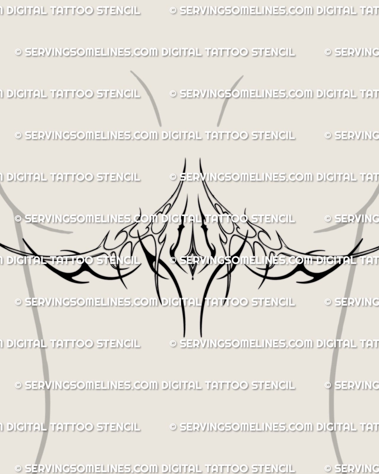 woman displaying a star underbust tattoo stencil with celestial burst shapes and soft cyber tribal accents across the chest area