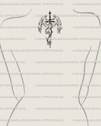 Celestial angel tattoo line art placed small at upper back/neck; fine wings and star bursts, lightweight stencil for discreet placement.