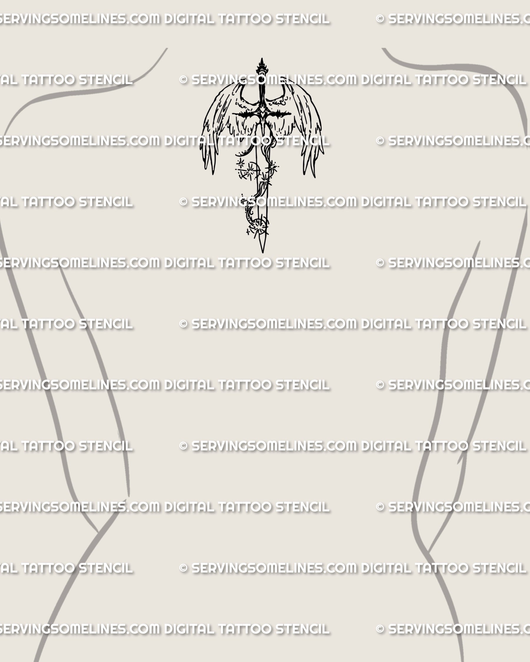 Celestial angel tattoo line art placed small at upper back/neck; fine wings and star bursts, lightweight stencil for discreet placement.