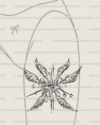 Celestial angel tattoo stencil adapted for front thigh placement, gothic wings and divine symmetry shaped as striking alternative tattoo design.