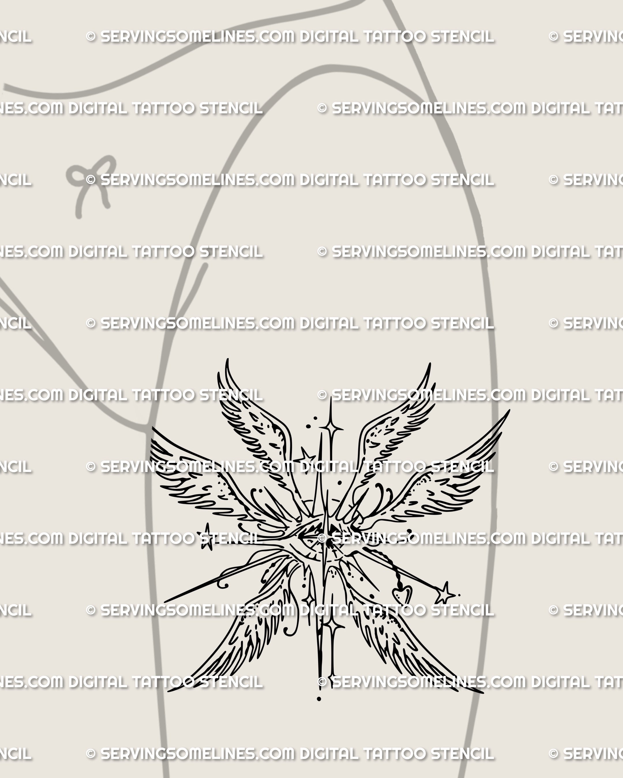 Celestial angel tattoo stencil adapted for front thigh placement, gothic wings and divine symmetry shaped as striking alternative tattoo design.