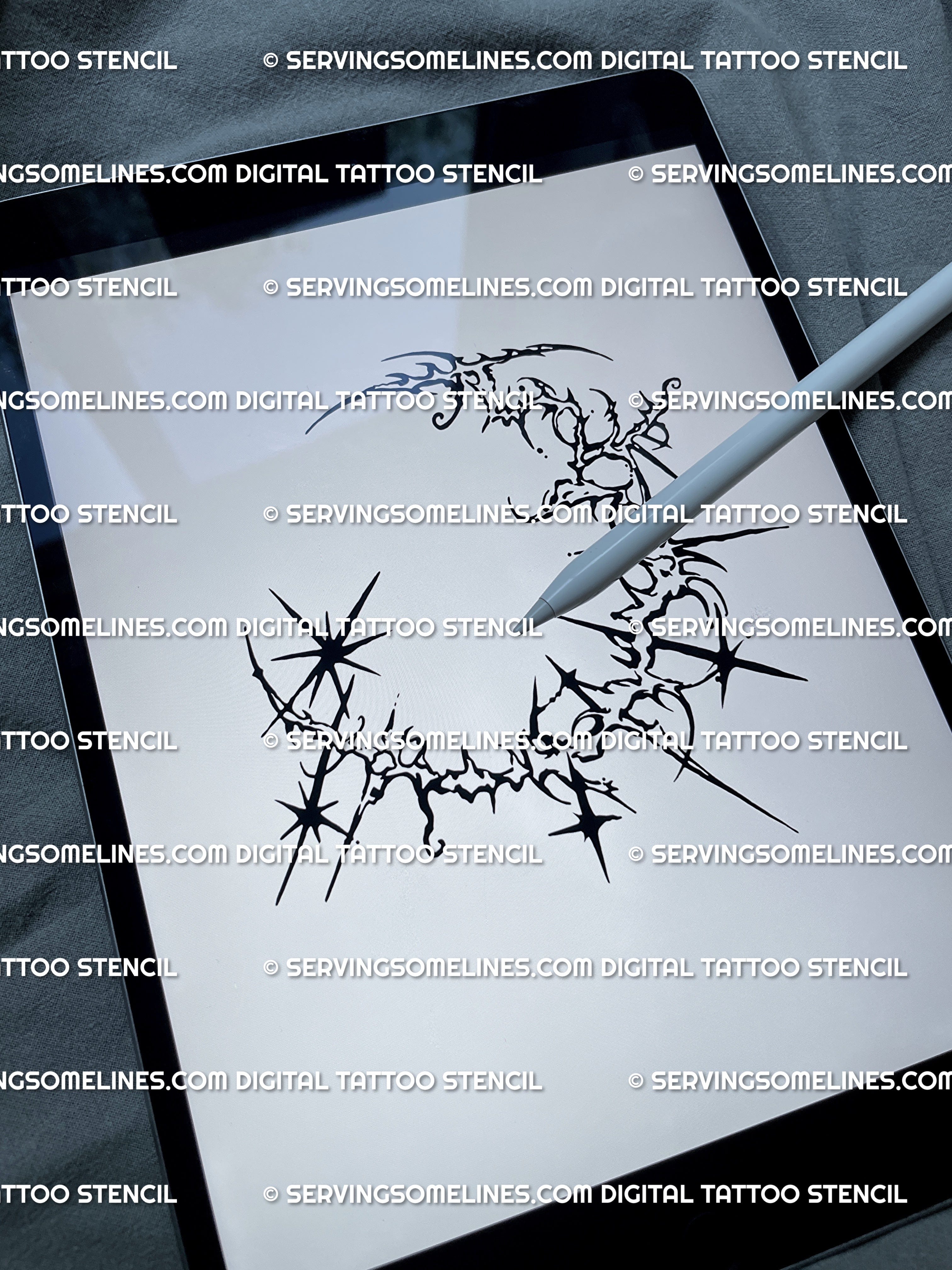 Digital preview of celestial cybersigil tattoo, crescent moon and stars art shown in futuristic gothic linework.