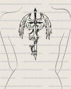 Celestial guardian tattoo flash scaled as a backpiece along the spine; winged blade with star accents, clear stencil for large format.