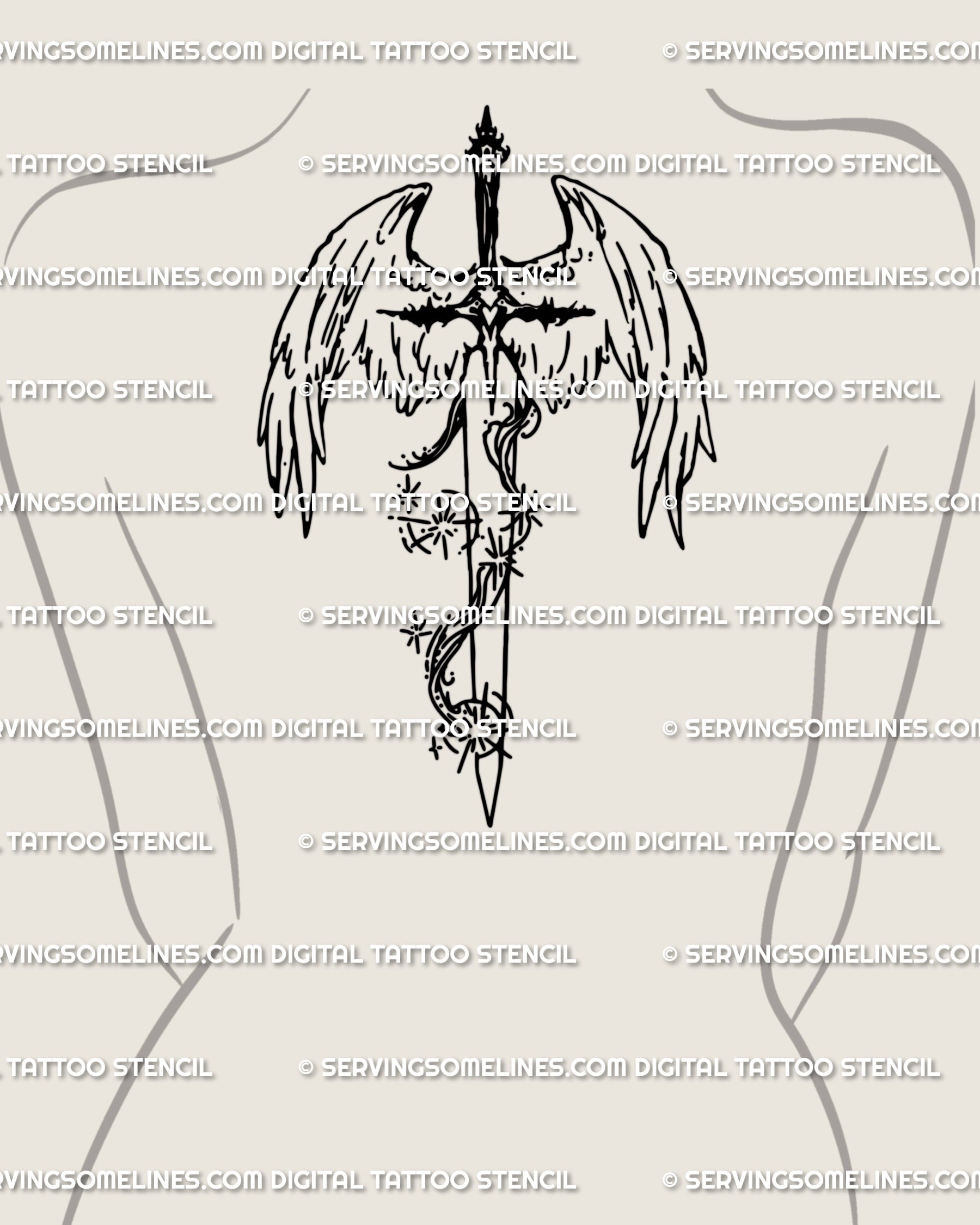 Celestial guardian tattoo flash scaled as a backpiece along the spine; winged blade with star accents, clear stencil for large format.