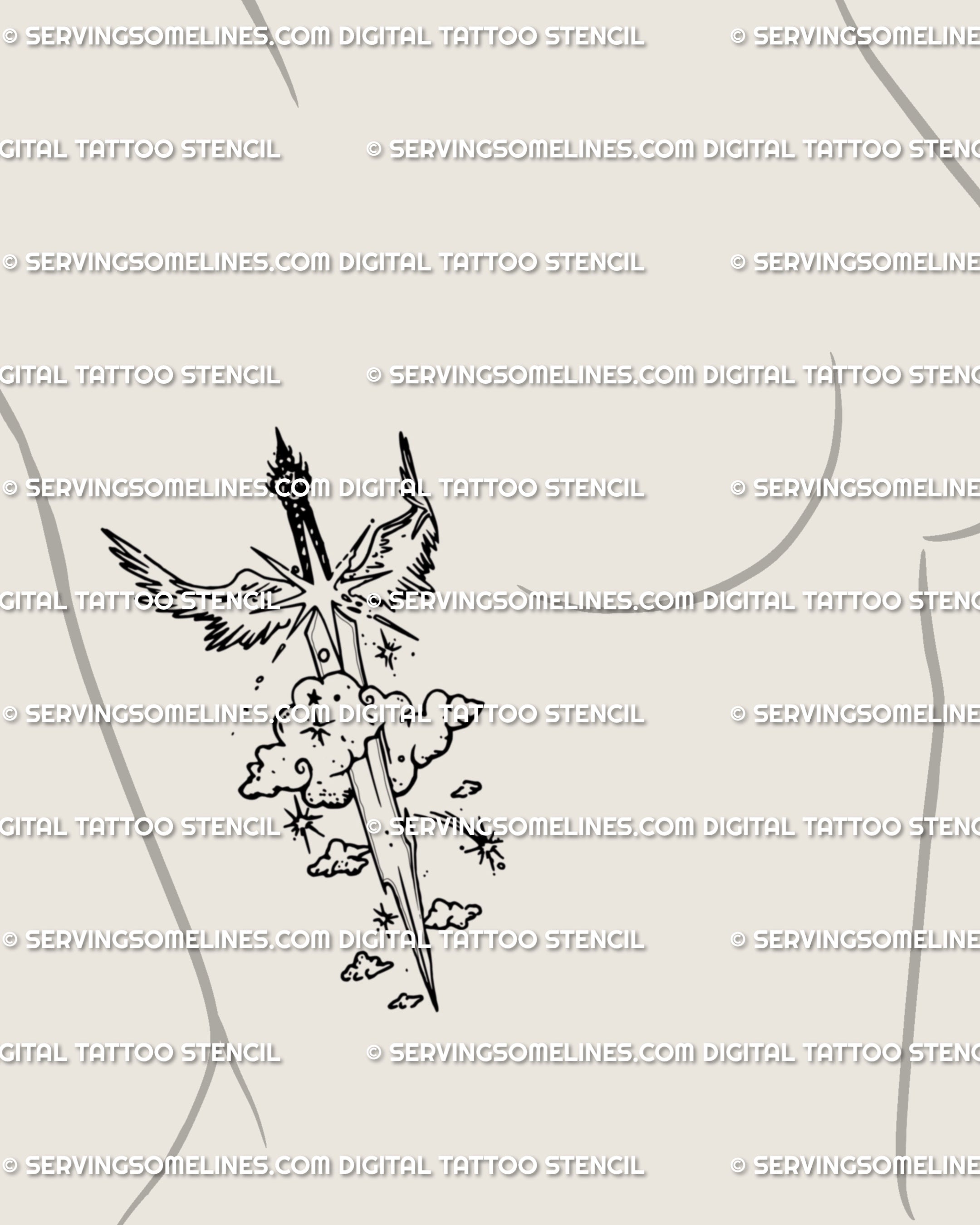 Celestial sword tattoo with wings placed along the side ribs, a vertical guardian blade design symbolizing strength, clarity, and divine protection.