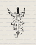 Celestial sword tattoo stencil with angel wings and stars, cyber sigil line art for a protective guardian design, digital download.