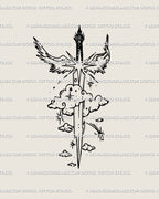 Hand-drawn celestial sword tattoo stencil with angel wings, clouds and stars, cyber sigil line art for a protective guardian design, high-res digital download.