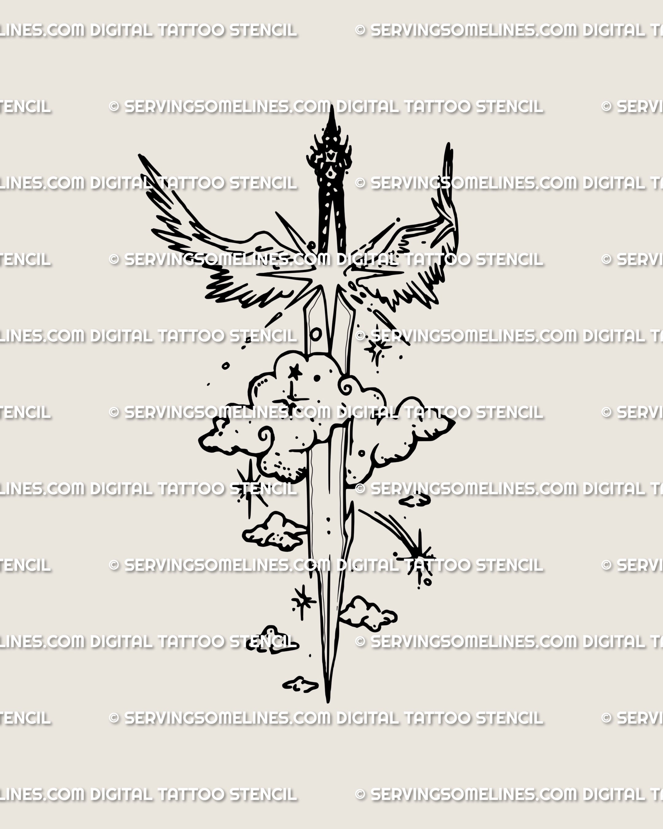 Hand-drawn celestial sword tattoo stencil with angel wings, clouds and stars, cyber sigil line art for a protective guardian design, high-res digital download.