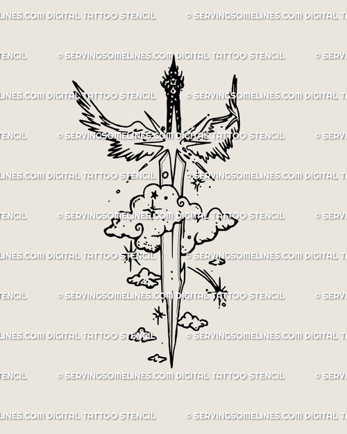 Celestial sword tattoo stencil with angel wings and stars, cyber sigil line art for a protective guardian design, digital download.