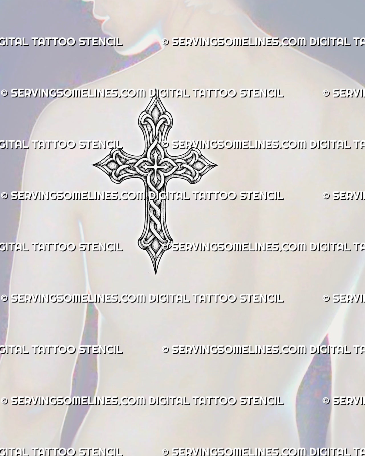 Celtic cross knotwork tattoo shown on men's shoulder, with carved cross edges, ring detail, and bold blackwork texture.

