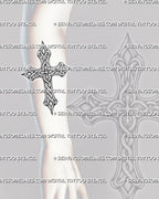 Celtic cross stencil shown on forearm, with clean knotwork lines, sharp cross outline, and readable vertical placement.
