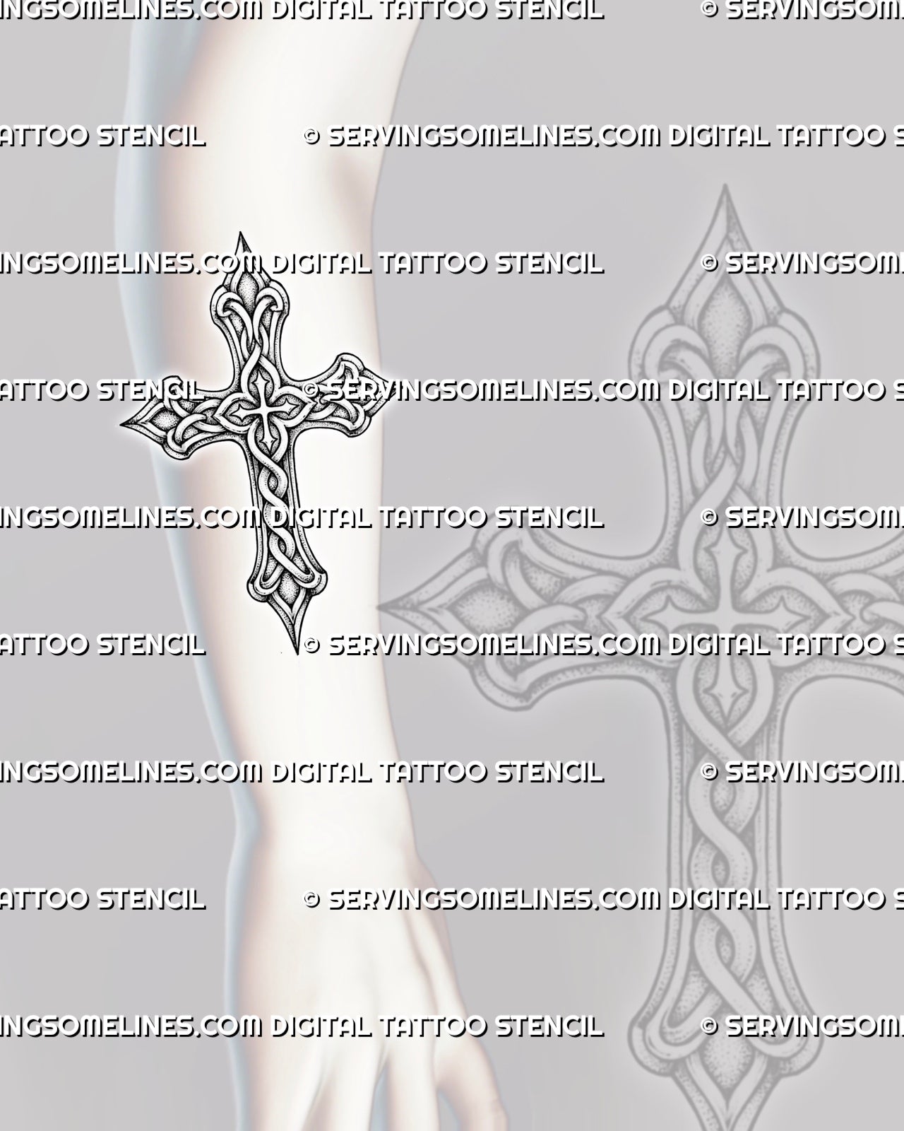 Celtic cross stencil shown on forearm, with clean knotwork lines, sharp cross outline, and readable vertical placement.