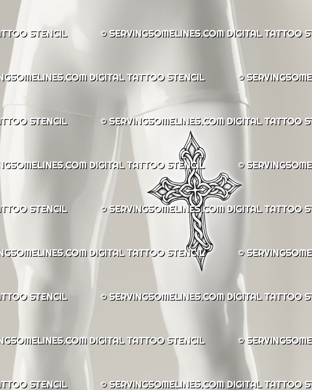 Celtic cross tattoo design shown on men's front thigh, with ringed cross structure, knotwork detail, and bold stencil preview.