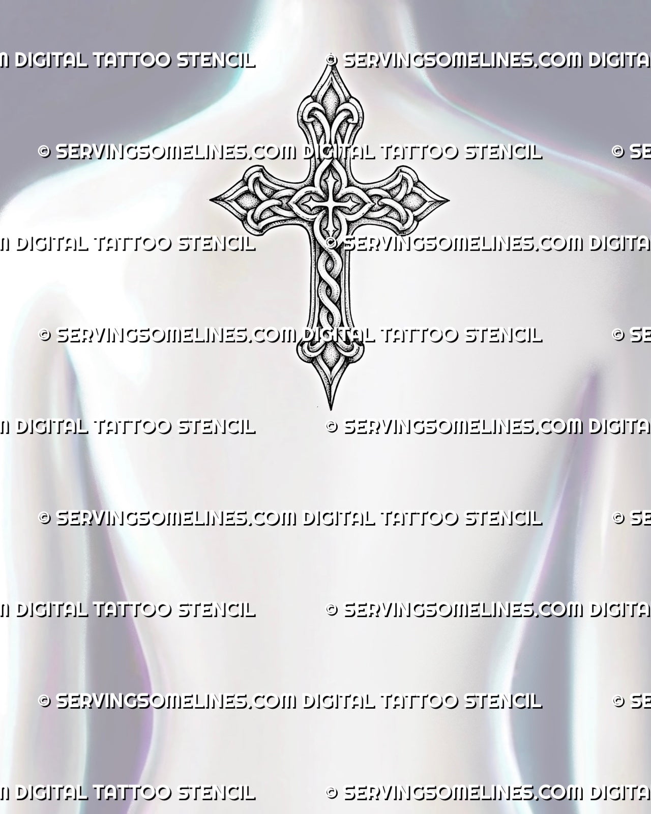 Celtic cross tattoo outline shown on women's upper back behind the neck, with ringed cross shape and readable knotwork detail.