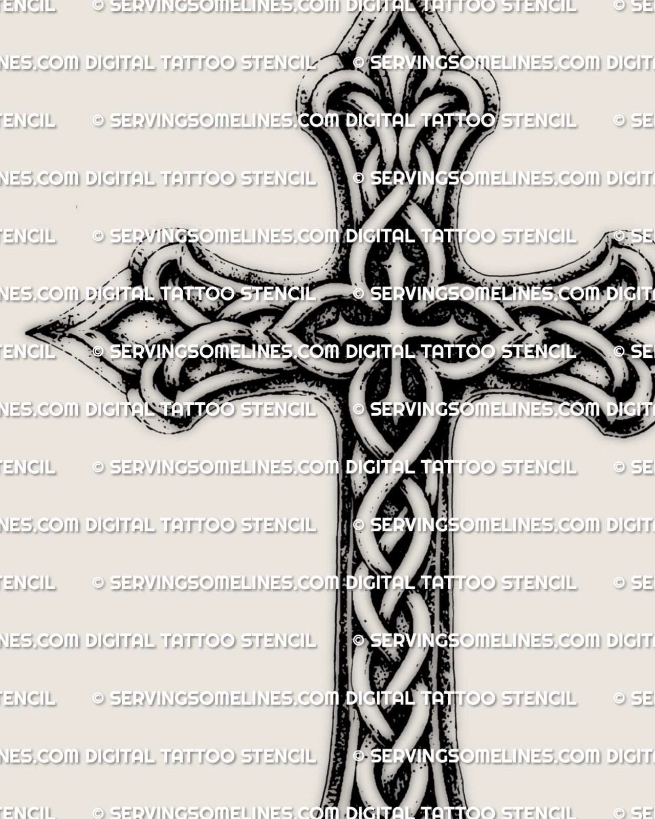 Ringed cross tattoo design, celtic cross stencil download with knotwork details, high contrast black linework.