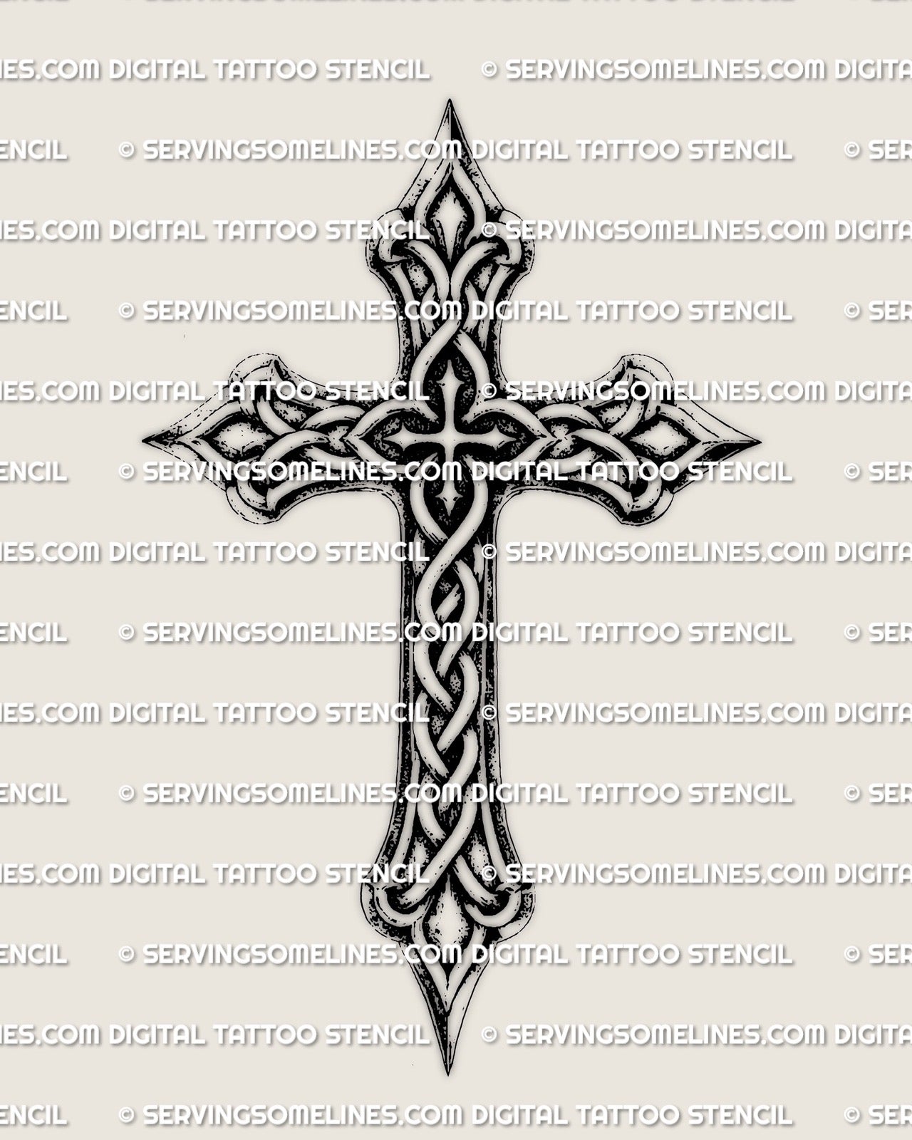 Celtic cross tattoo stencil, ringed knotwork cross design, clean outline on light background, instant download file.