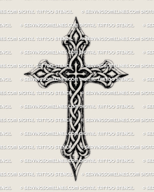 Celtic cross tattoo stencil, ringed knotwork cross design, clean outline on light background, instant download file.