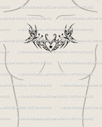 small butterfly and tribal heart tattoo shown centered on a woman’s chest with delicate star accents for a fine line decorative look
