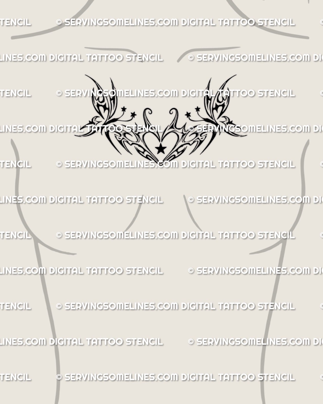small butterfly and tribal heart tattoo shown centered on a woman’s chest with delicate star accents for a fine line decorative look
