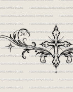 Close detail of the centered cross lower back tattoo, showing scrollwork curves, star accents, and the lower point.