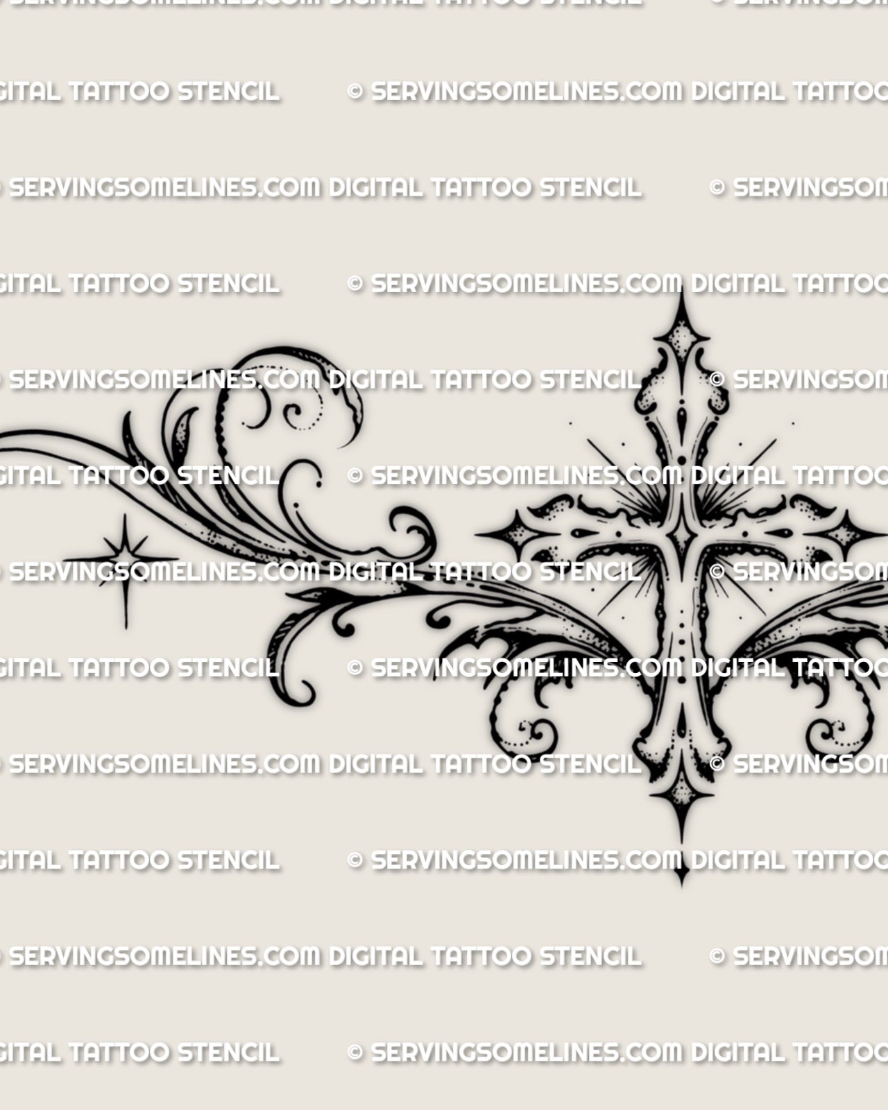 Close detail of the centered cross lower back tattoo, showing scrollwork curves, star accents, and the lower point.