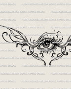 Close detail of the centered eye lower back tattoo, showing the eye, curved framing, and lower point detail.