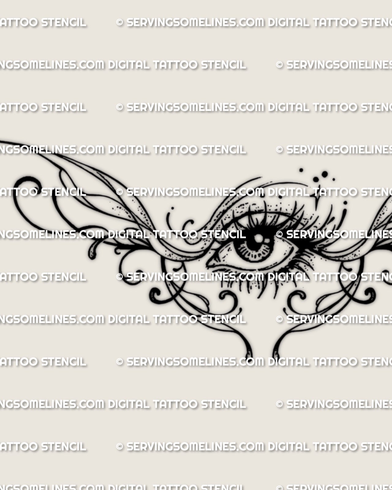 Close detail of the centered eye lower back tattoo, showing the eye, curved framing, and lower point detail.