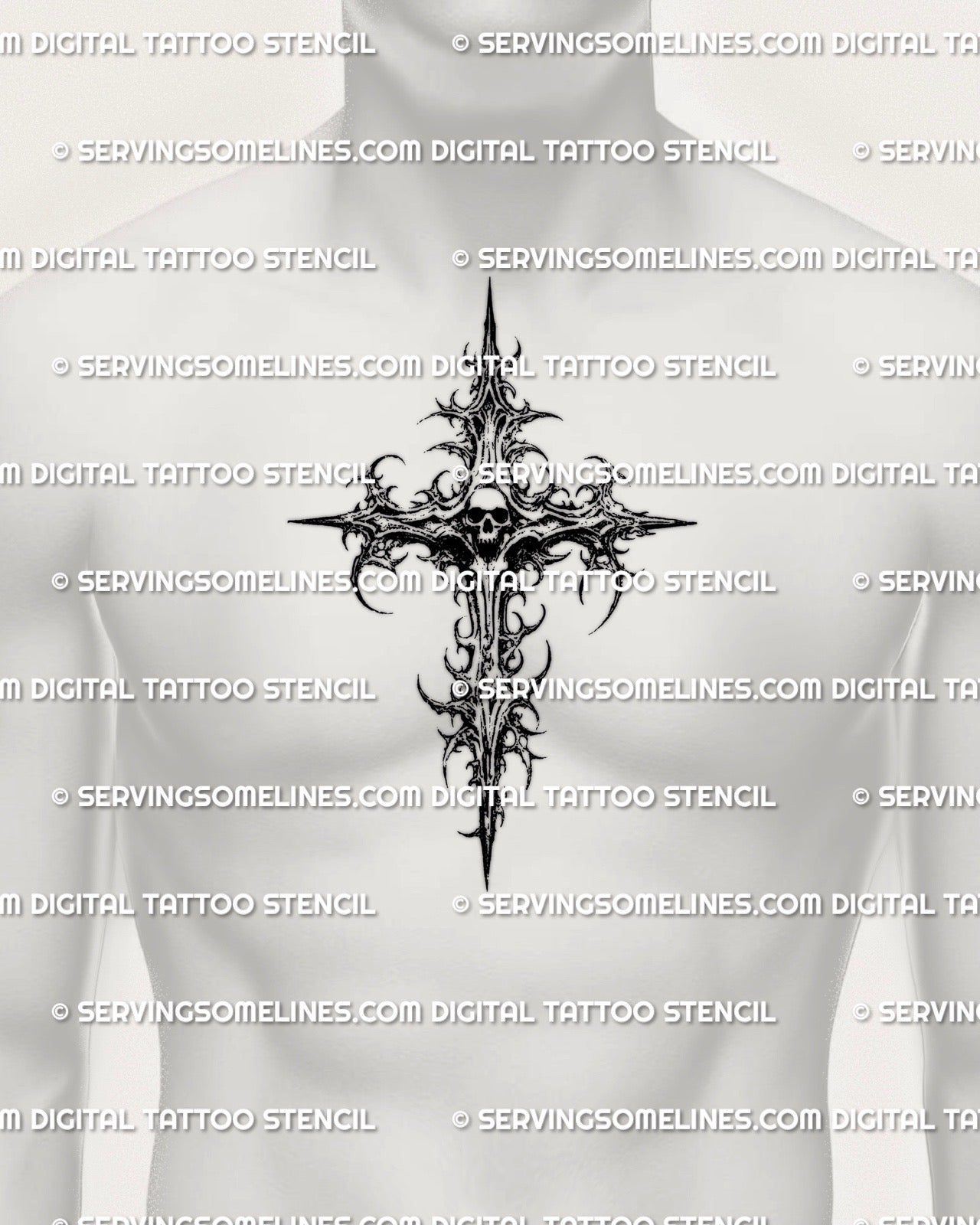 Centered gothic skull cross tattoo stencil shown on chest placement with symmetrical layout suited for bold tattoos