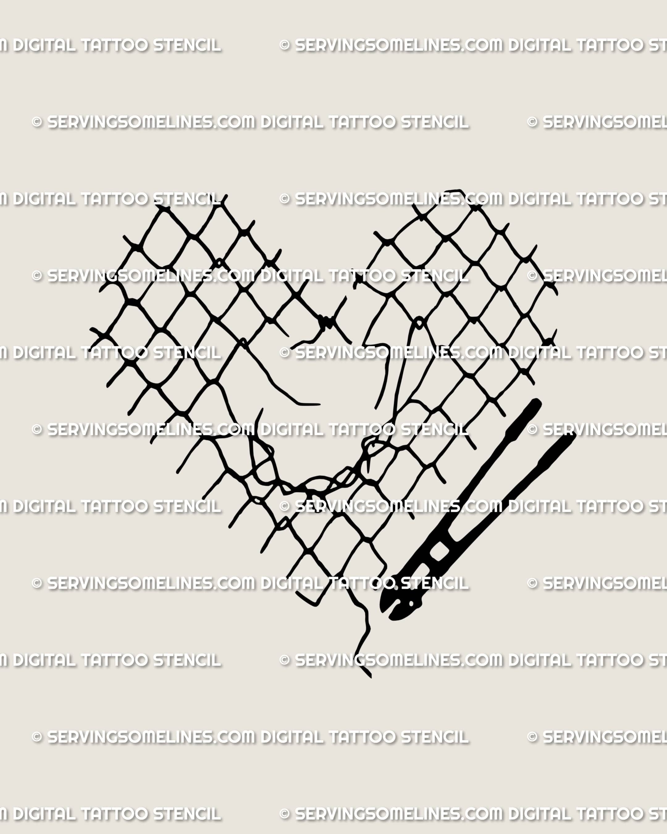 A chain link heart tattoo stencil with barbed wire and spiky edges, a gothic heart tattoo design showing freedom and resilience.