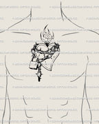 Men’s chest center placement example for chained heart stencil, spiked chain tension with padlock drop