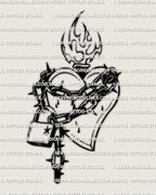 Chained heart tattoo stencil with padlock, spiked chain wrap, small drop accents, slim flame detail