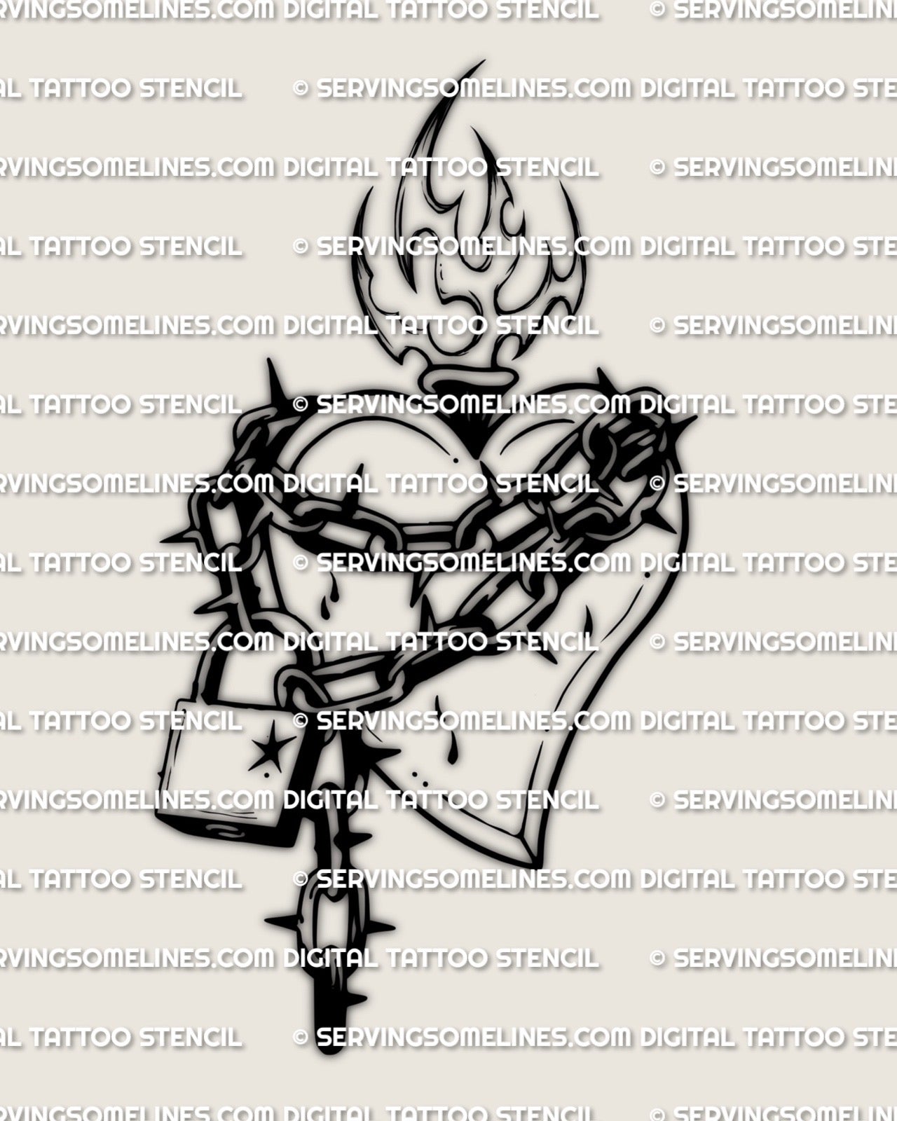Chained heart tattoo stencil with padlock, spiked chain wrap, small drop accents, slim flame detail