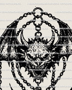 Chained gothic demon skull tattoo stencil, dark fantasy medieval blackwork flash with devil wings and pendant layout