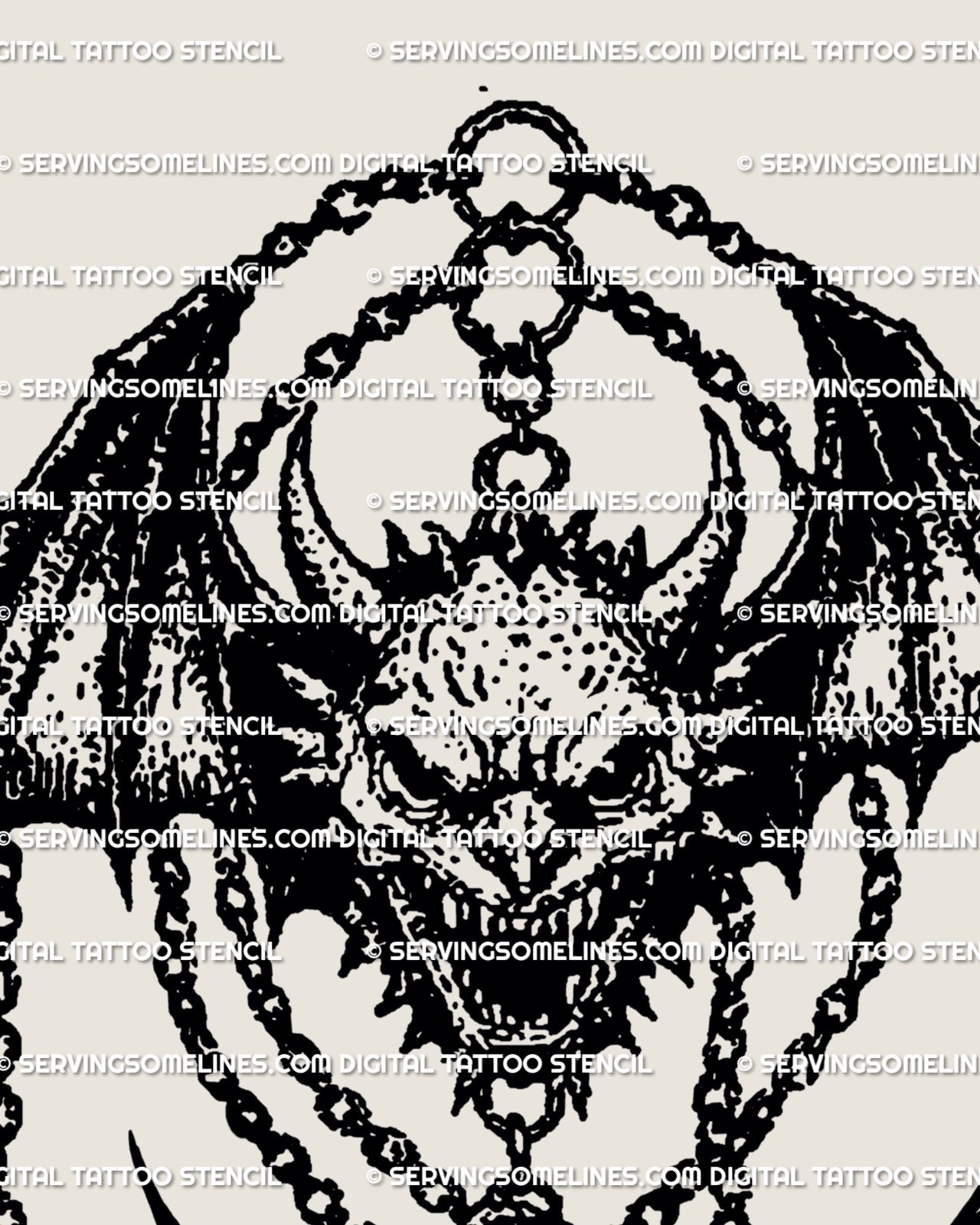 Chained gothic demon skull tattoo stencil, dark fantasy medieval blackwork flash with devil wings and pendant layout