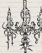 Close-up of chandelier candle tattoo stencil showing cybersigilism patterns and gothic neotribal ornament, detailed sternum or rib tattoo flash.