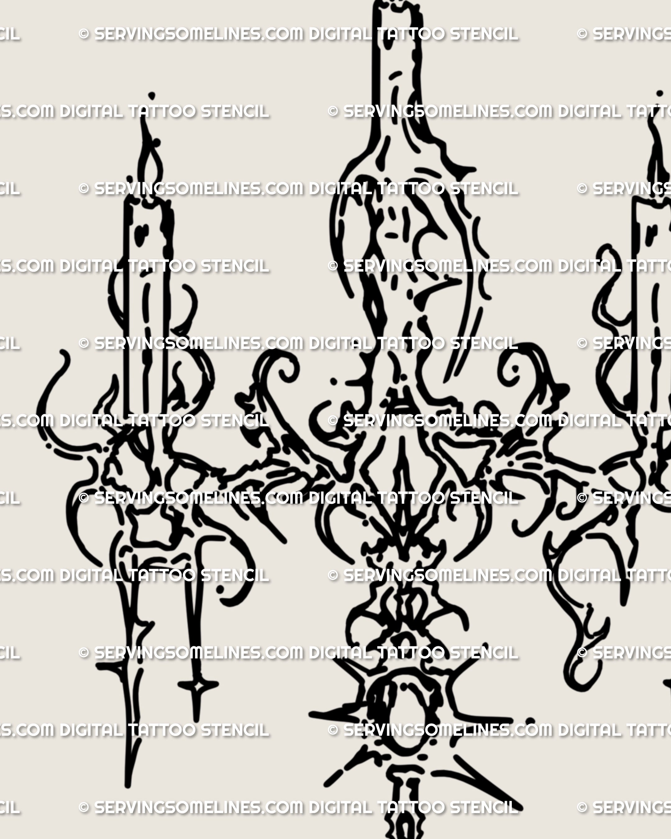 Close-up of chandelier candle tattoo stencil showing cybersigilism patterns and gothic neotribal ornament, detailed sternum or rib tattoo flash.