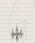 Back of thigh tattoo stencil for women, chandelier candle cybersigilism artwork with neotribal gothic flow, striking leg tattoo design idea.